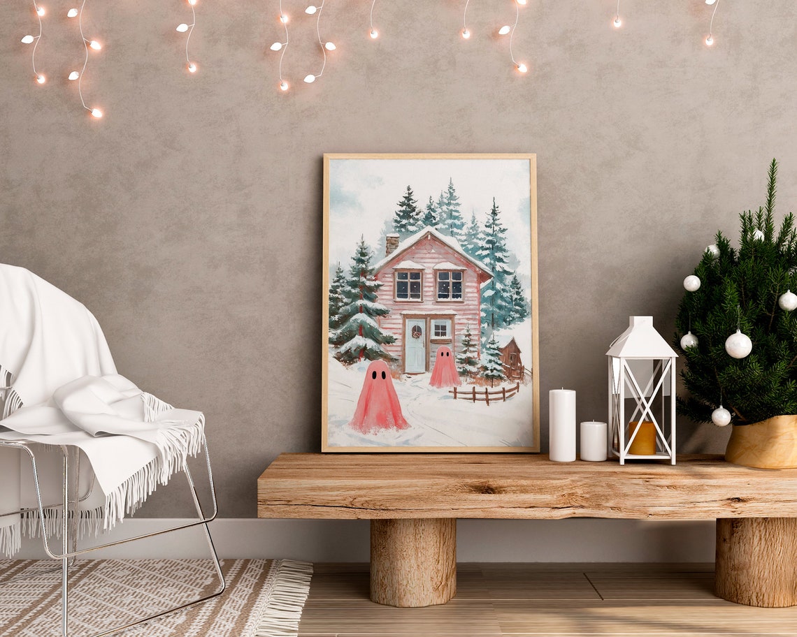Two Pink Ghosts Before Pink Wooden Cottage in Snowy Pines Print - Image 2