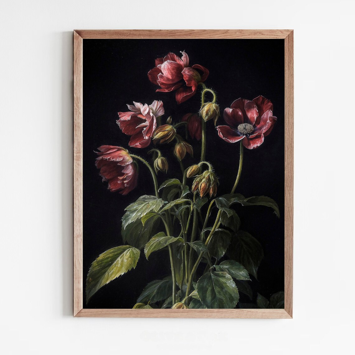Deep Red Poppies Moody Dark Floral Vintage Oil Painting Wall Art - Image 5