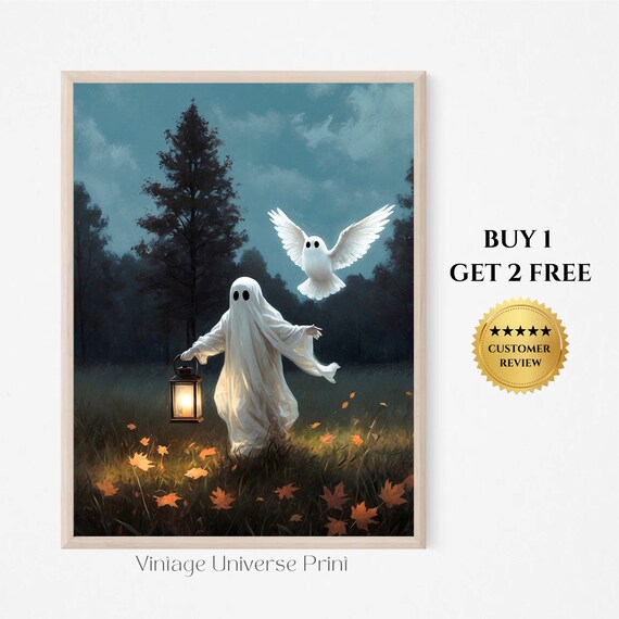 Ghost With Lantern And Flying Ghost Owl In Autumn Meadow Halloween Painting Poster