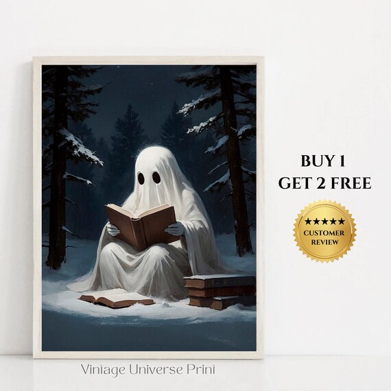 Ghost Reading A Book In The Winter Forest Painting Moody Vintage Art Print Cottagecore Wall Art Ghost Wall Art Poster Dark Academia 33