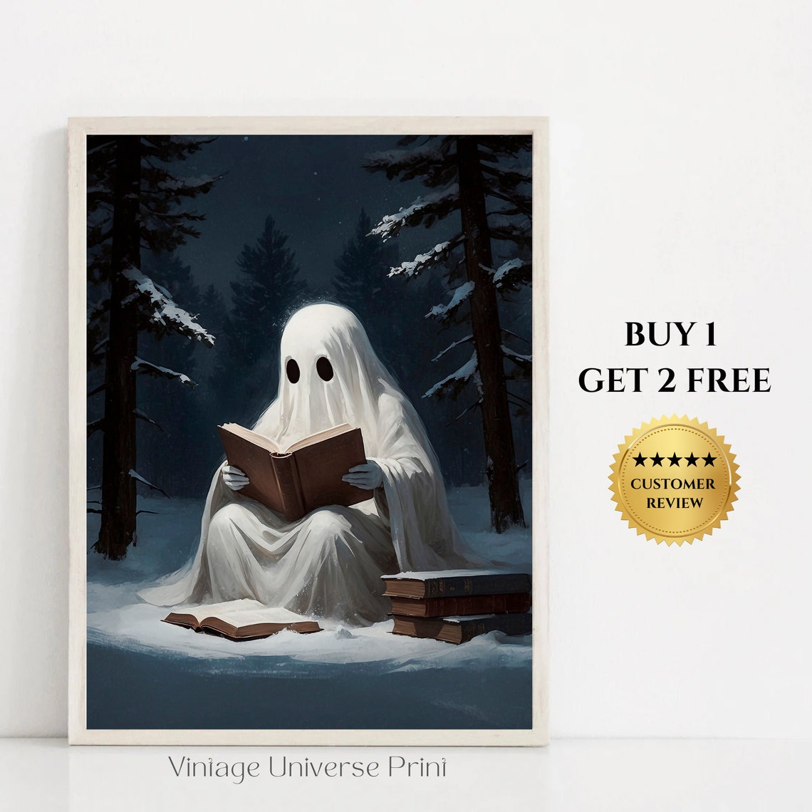 Ghost Reading a Book in Snowy Forest at Night Dark Academia Print