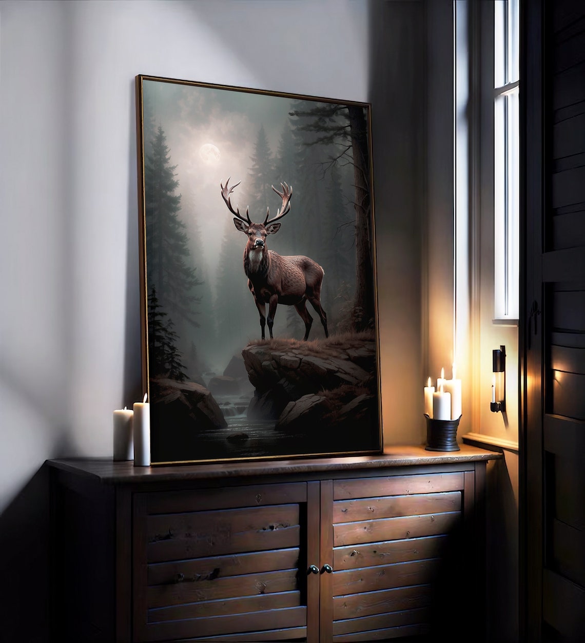 Majestic Stag on a Cliff in a Misty Moonlit Pine Forest Wall Art - Image 2