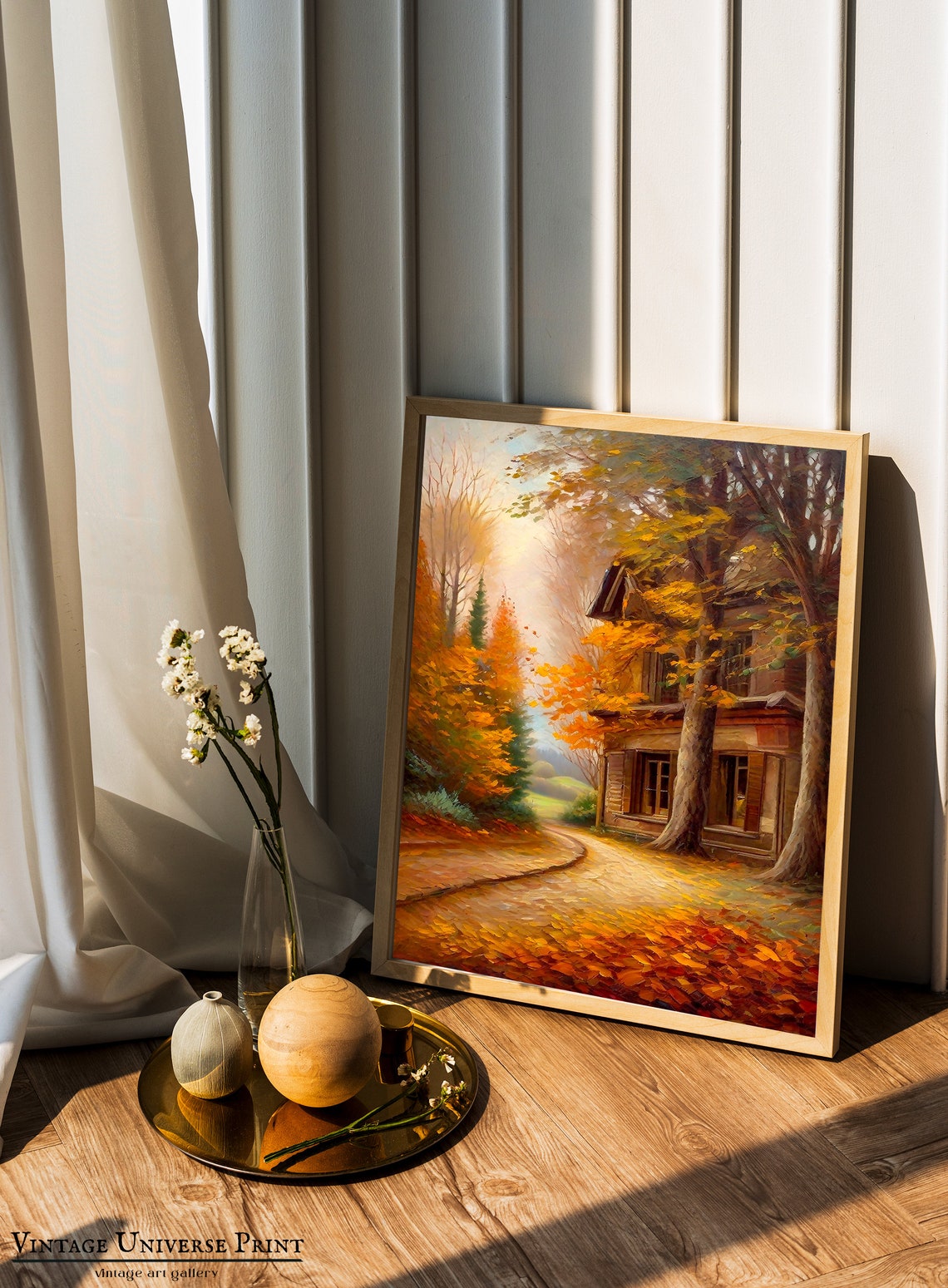 Rustic House On An Autumn Forest Road With Golden Leaves Wall Art - Image 2