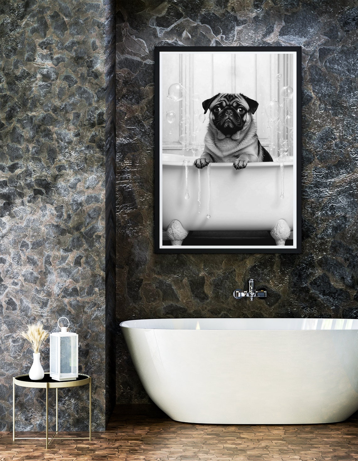 Cute Pug Dog Soaking In Bubble Bathtub Black And White Poster - Image 3