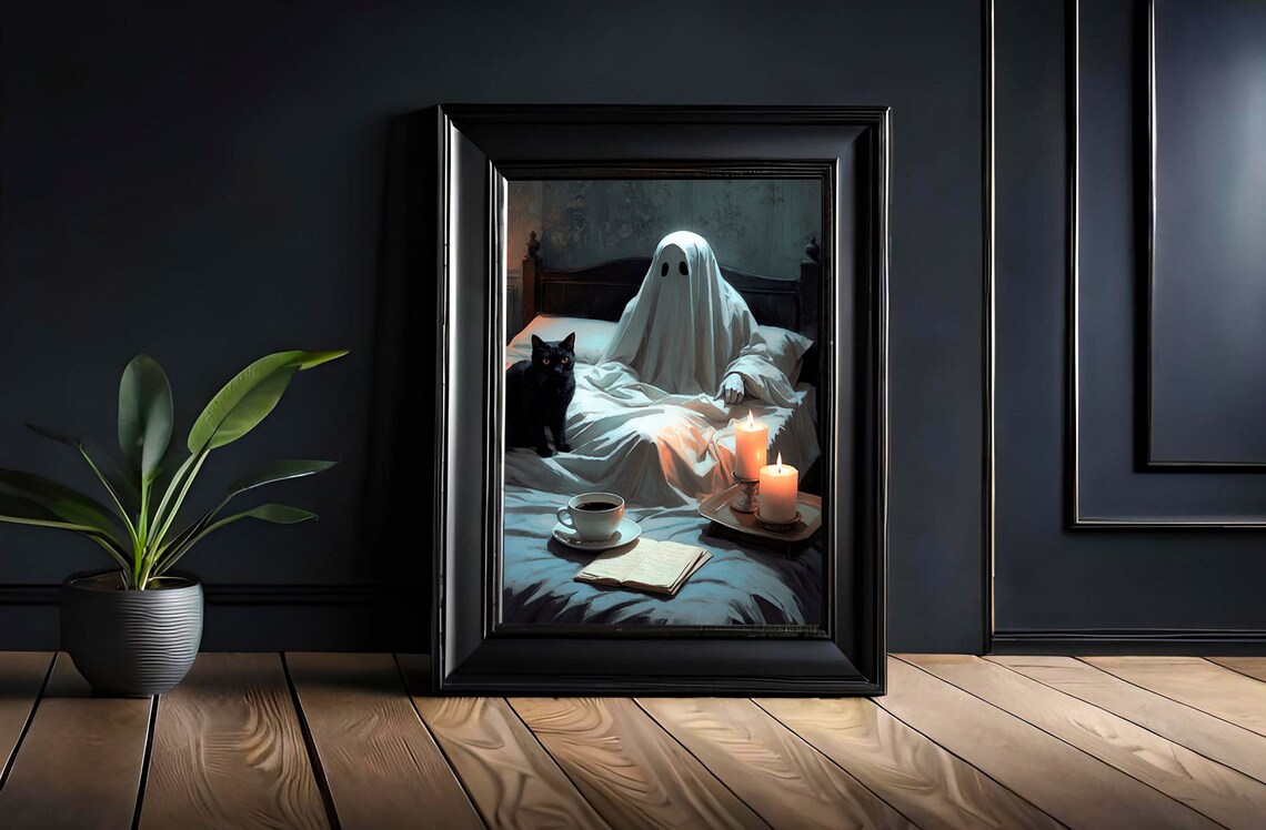 Ghost Waking Up In Bed With A Black Cat Coffee And Candles Cozy Halloween Print - Image 2