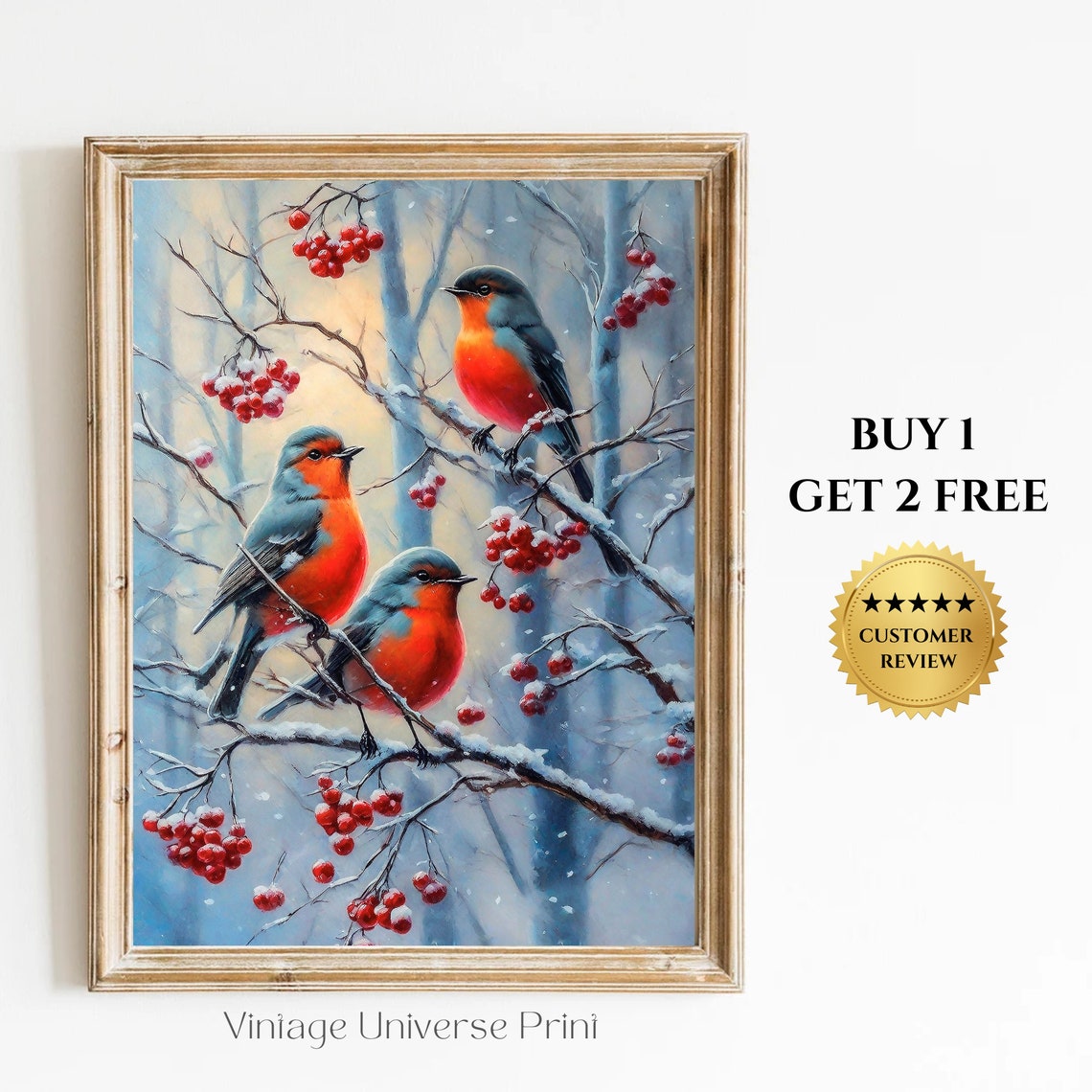 Three Robins Snowy Berry Branches Winter Woodland Bird Art Poster