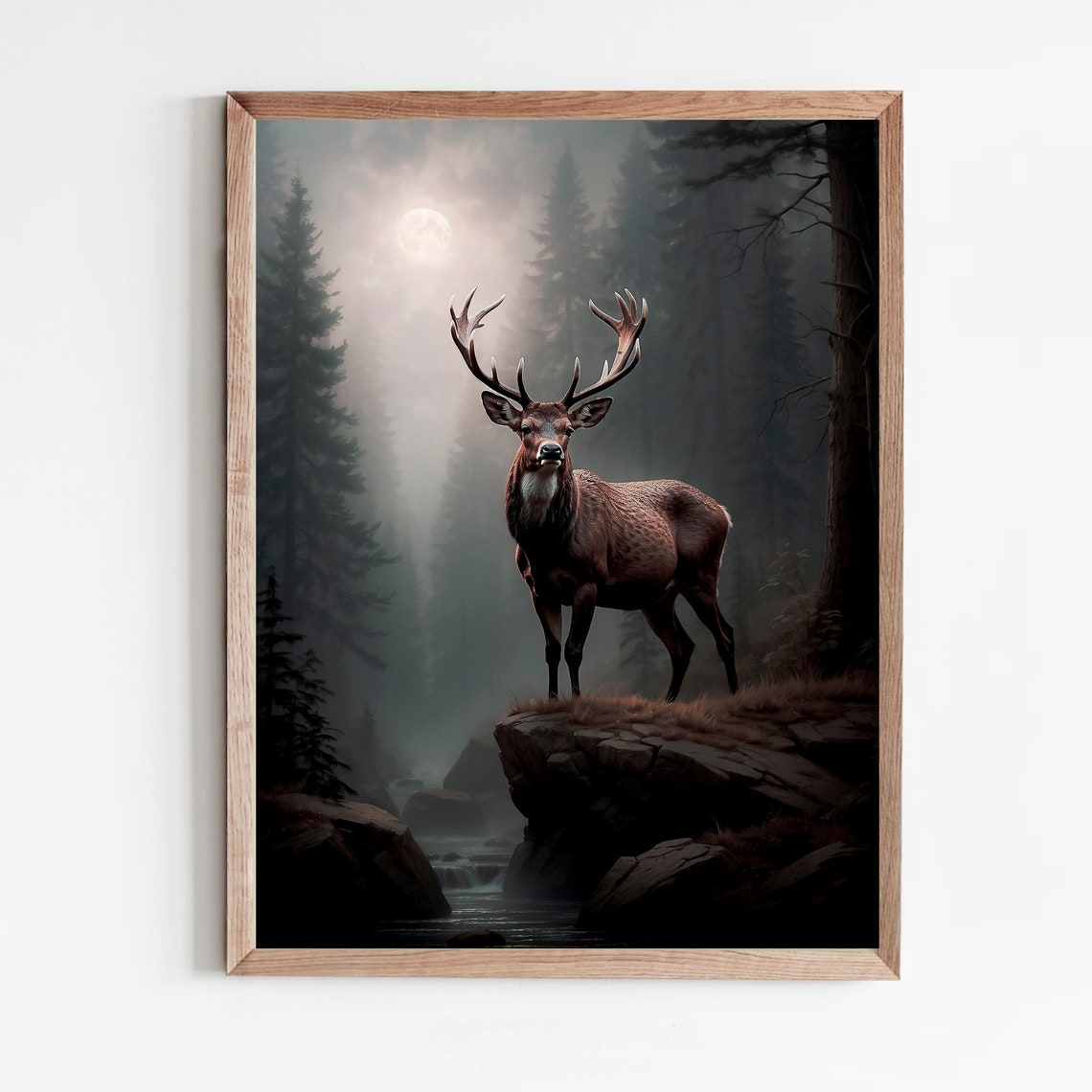 Majestic Stag on a Cliff in a Misty Moonlit Pine Forest Wall Art - Image 5