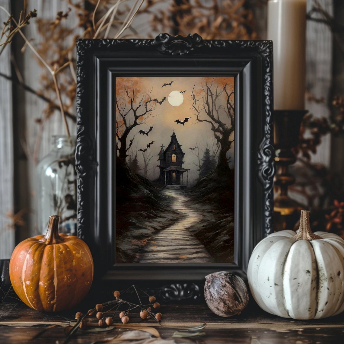 Spooky Haunted House Under Full Moon Bats Halloween Night Poster - Image 3