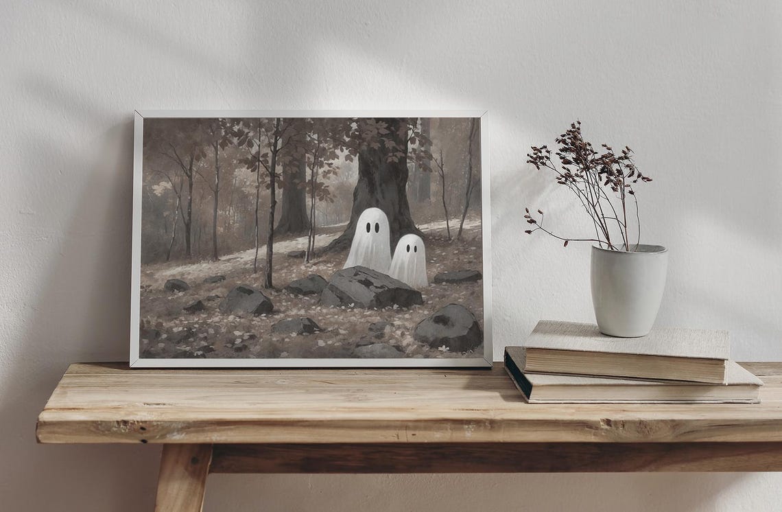 Cute Ghosts In Autumn Forest Rocks Moody Spooky Halloween Poster - Image 2