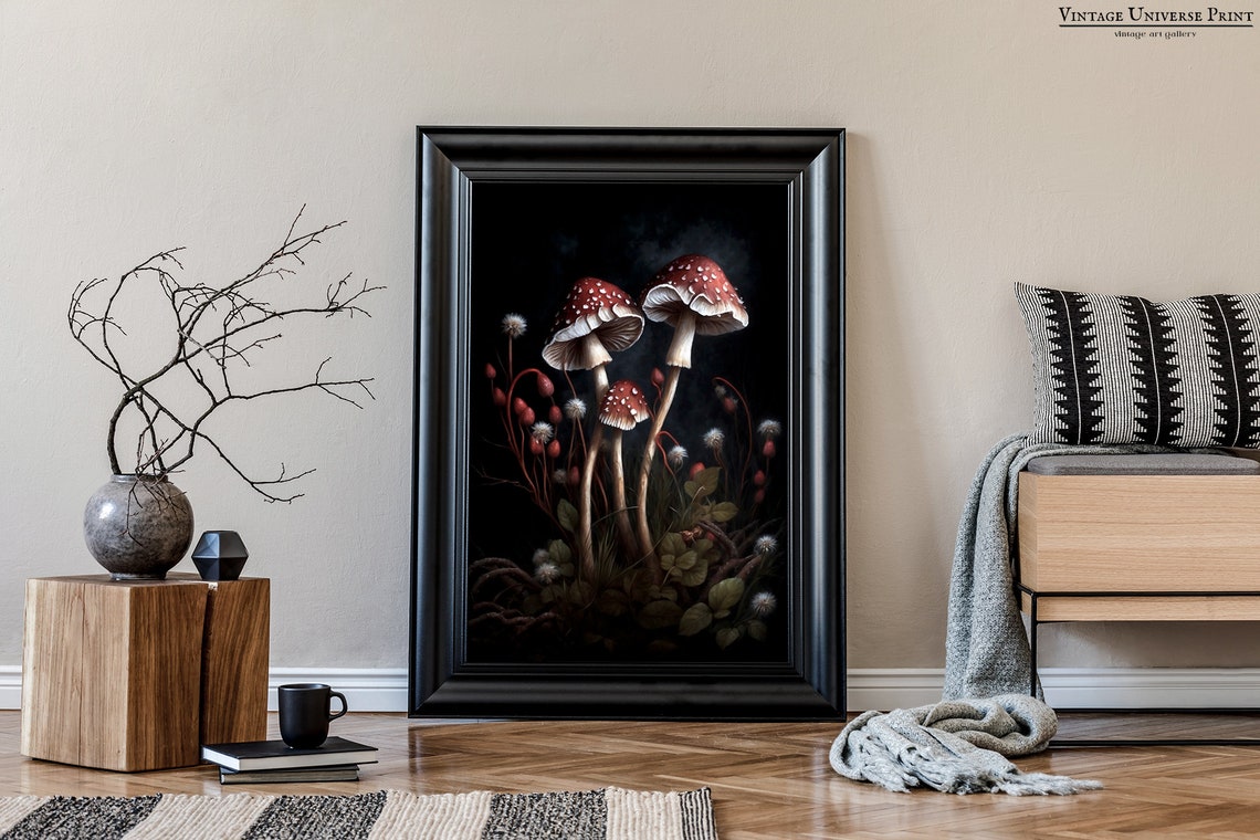 Red Fly Agaric Mushrooms With Seed Heads On Black Background Poster - Image 3