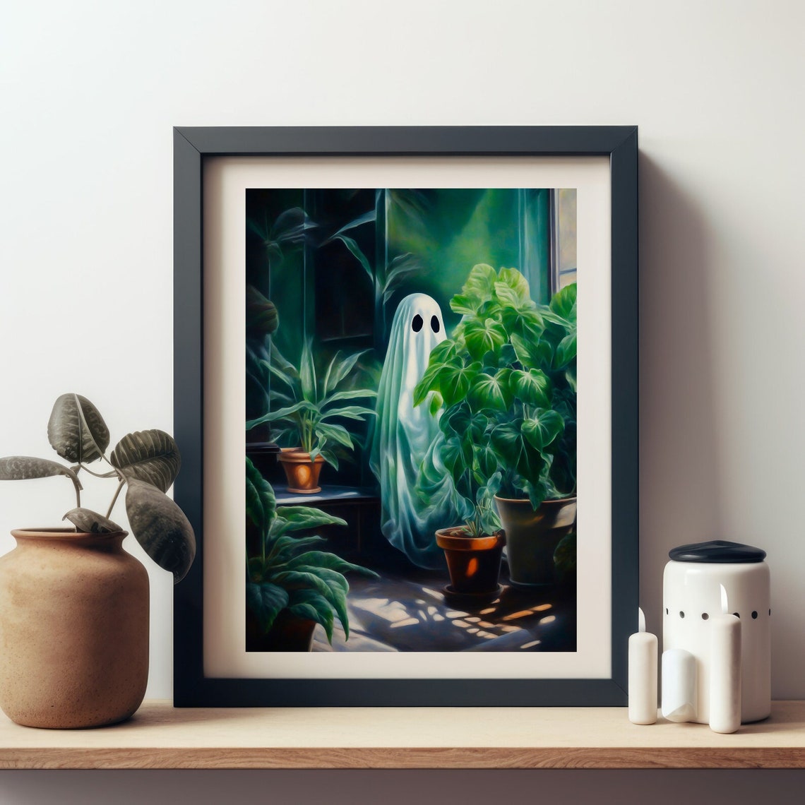 Ghost Hiding Among Houseplants Sunlit Window Cute Vintage Poster - Image 3
