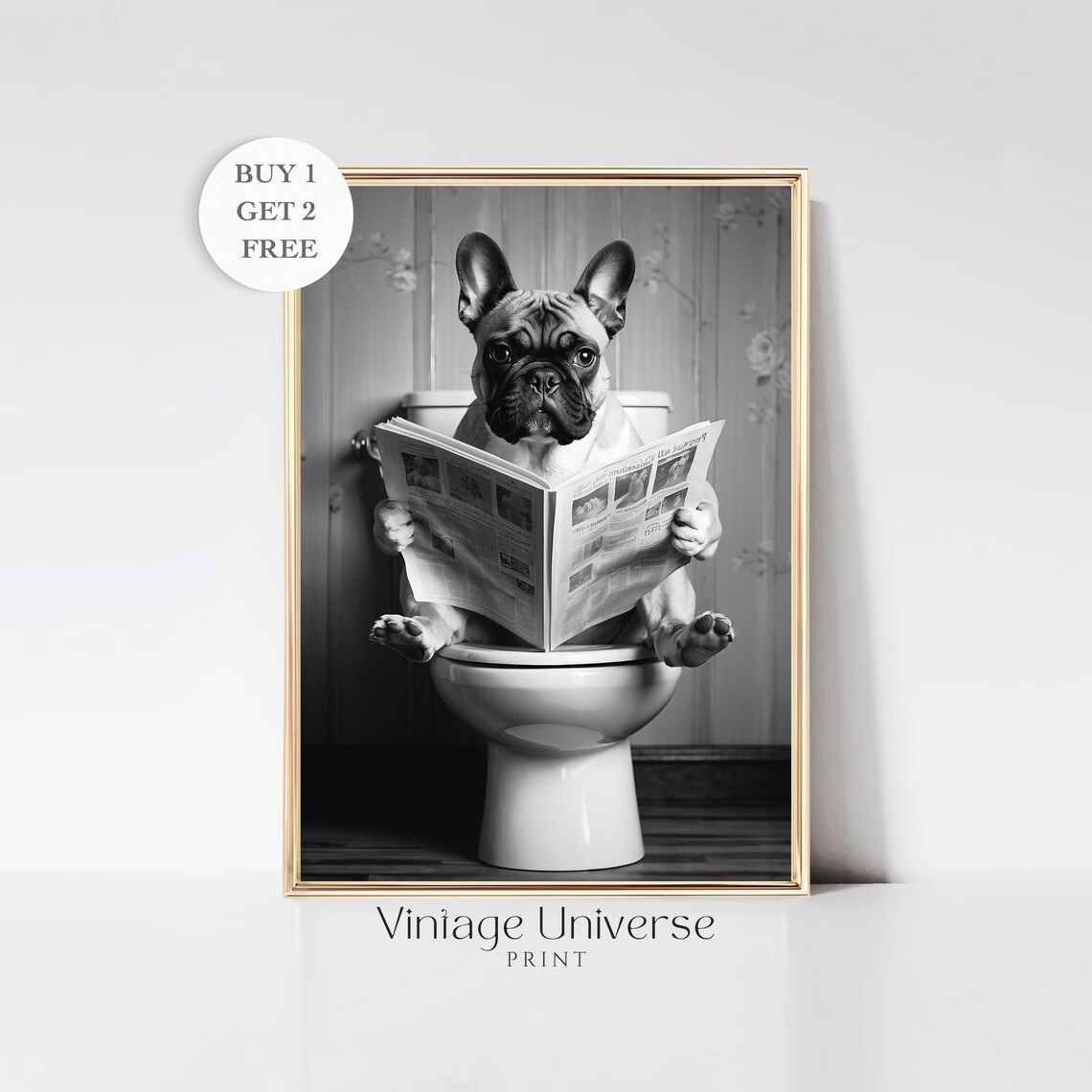 French Bulldog Reading Newspaper On The Toilet Funny Dog Poster