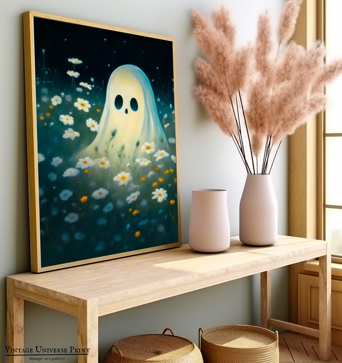 Cute Ghost in Daisy Meadow at Night Vintage Halloween Poster - Image 2
