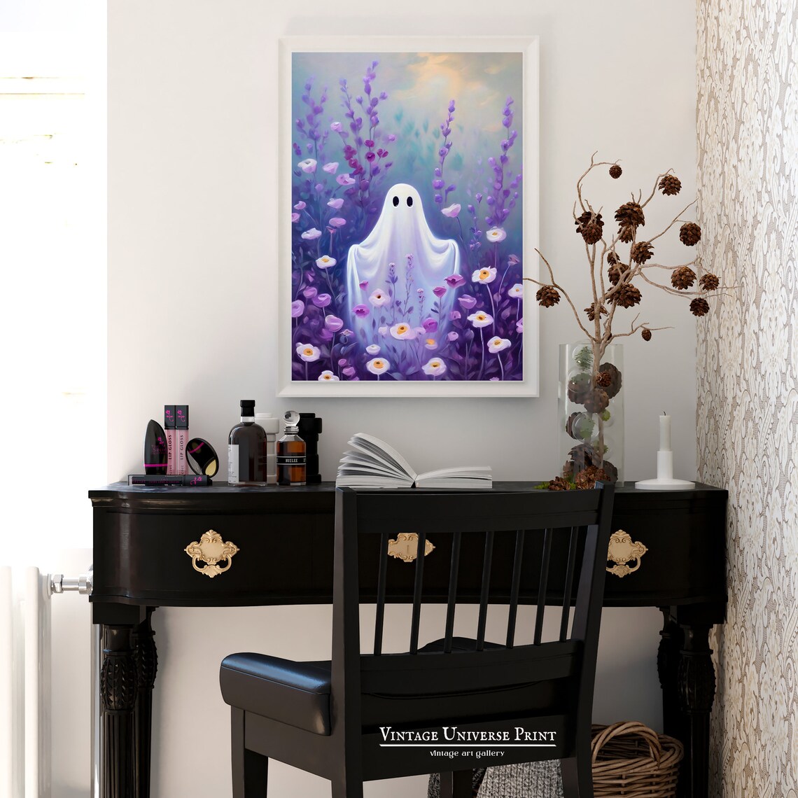 Cute Ghost in Purple Flower Meadow Vintage Halloween Art Poster - Image 2