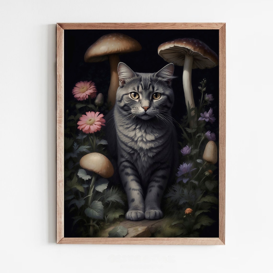Gray Tabby Cat Among Mushrooms and Flowers at Night Art Print - Image 5