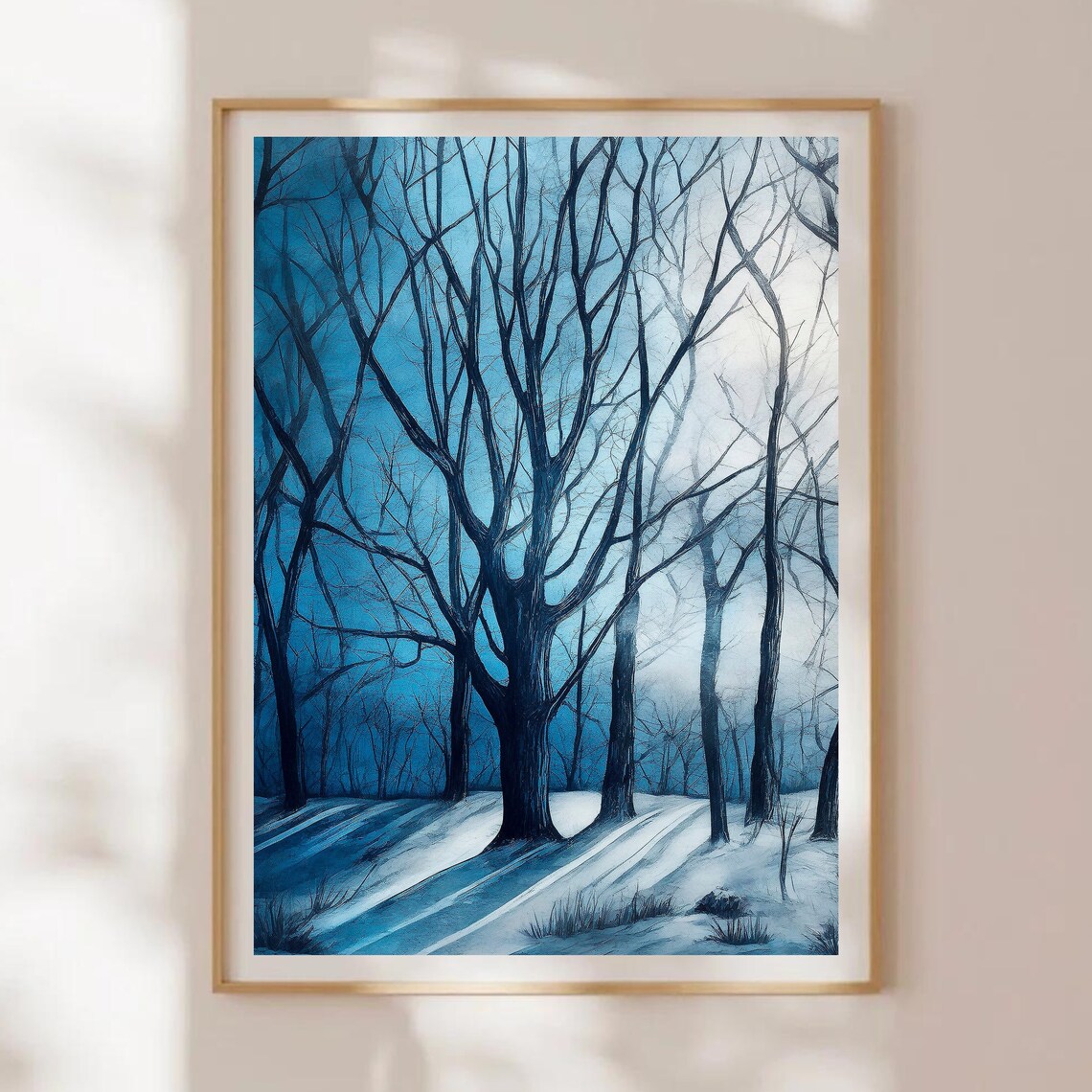 Bare Trees Blue Winter Sky Snowy Ground Moody Woodland Poster - Image 4