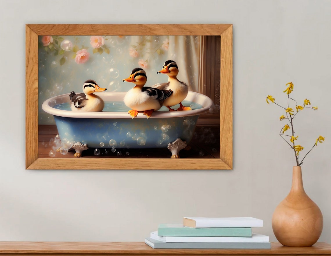 Three Baby Ducks Bathing In A Blue Clawfoot Tub Vintage Poster - Image 2