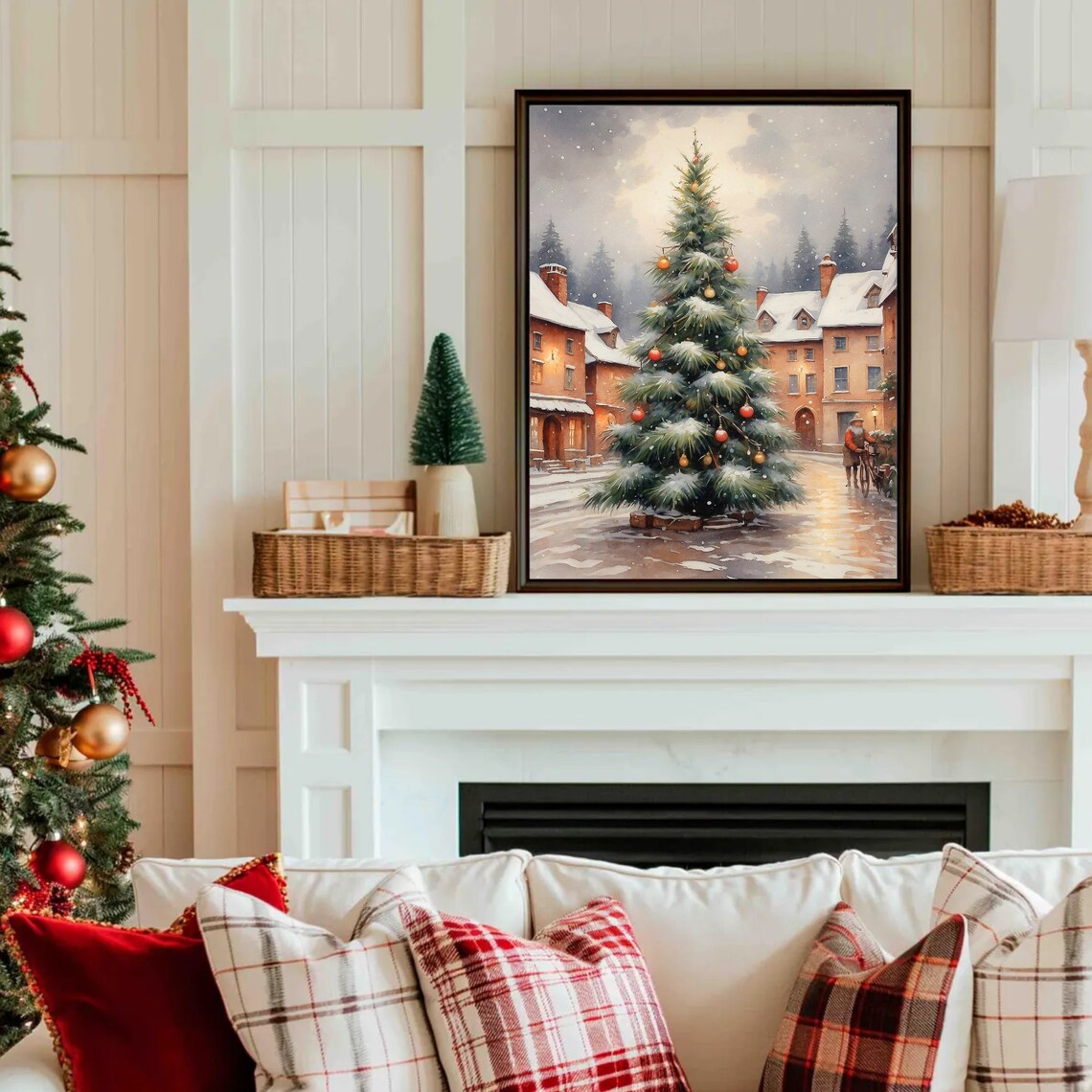 Christmas Tree in Snowy Town Square Vintage Holiday Painting Poster - Image 4
