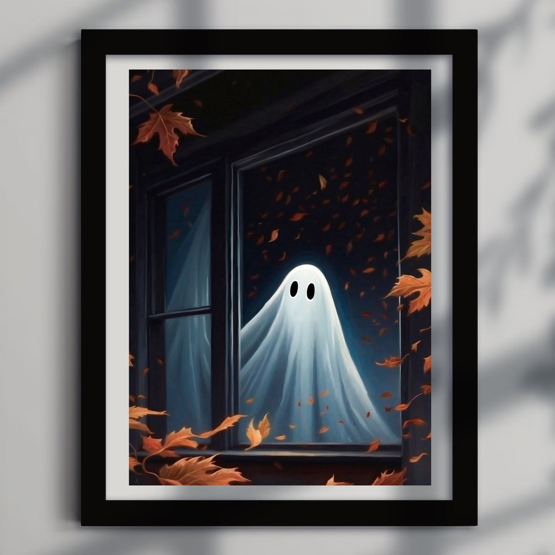 Ghost Peering Through A Night Window With Falling Autumn Leaves Poster - Image 4