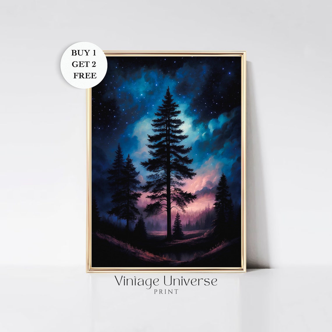 Tall Pine Tree Silhouette Under Teal Starry Night Sky Aurora Wall Art