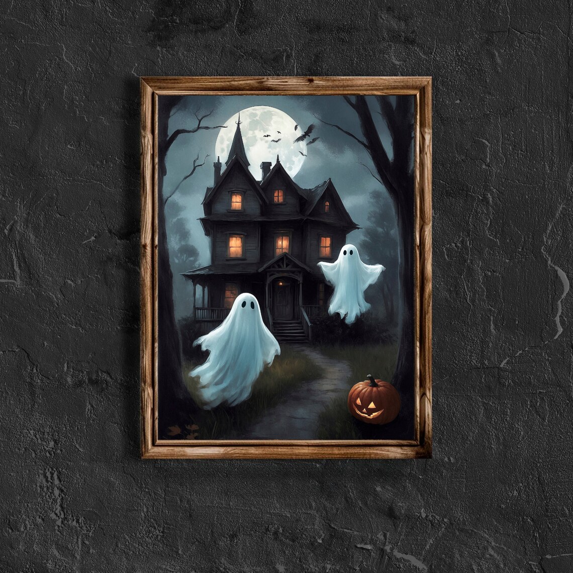 Two Cute Ghosts At Haunted House Under Full Moon Halloween Painting Poster - Image 4