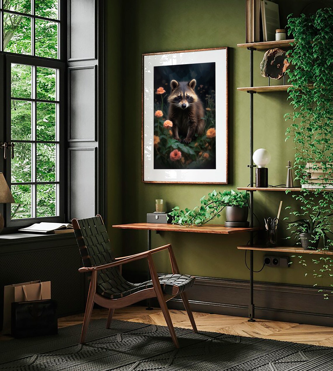 Curious Raccoon Among Orange Flowers in a Dark Forest Night Poster - Image 2