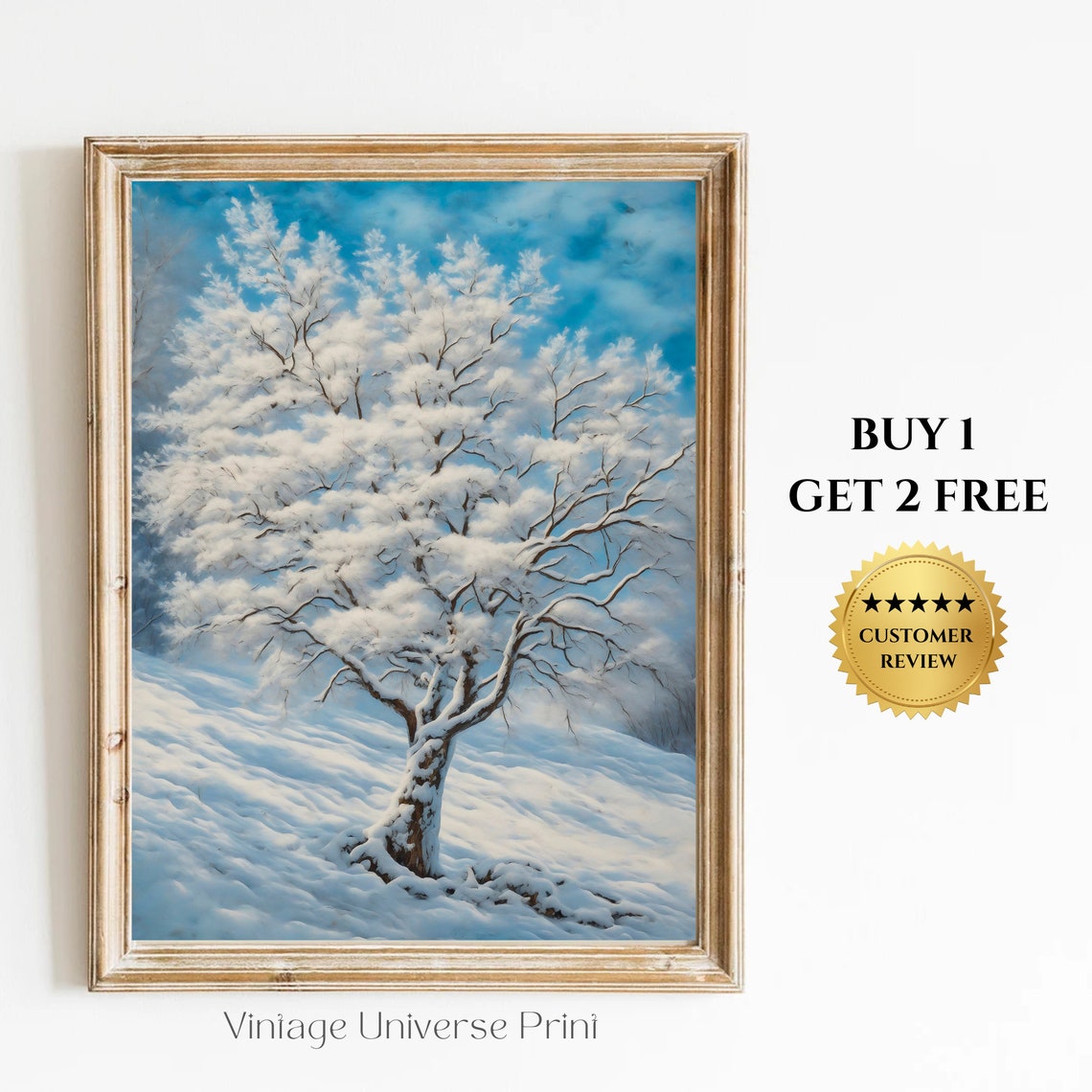 Lone Snowy Tree Bright Blue Sky Serene Winter Landscape Art Poster