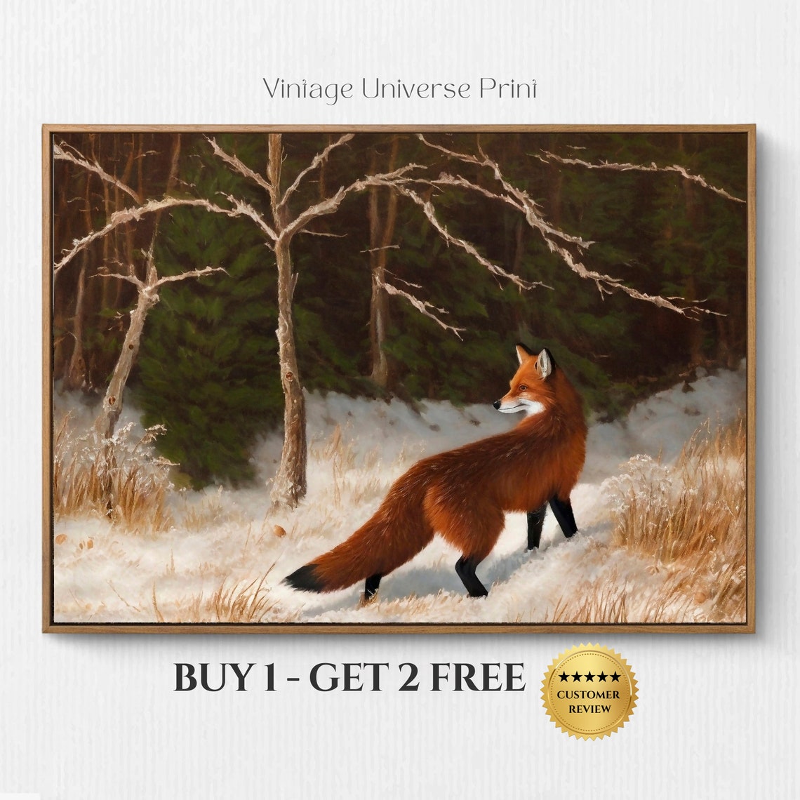 Red Fox Walking Through a Snowy Winter Forest Wildlife Poster