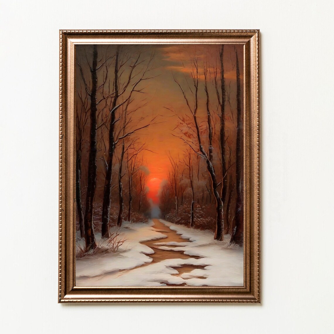 Muted Winter Landscape Painting Vintage Christmas Art Print Warm Winter Wall Art Snowy Wood Landscape Painting Wall Art - Image 5