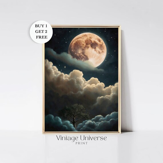 Full Moon Rising Above Dramatic Clouds with a Lone Tree Silhouette Art Print