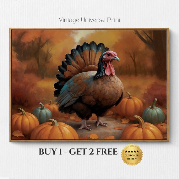 Turkey Among Pumpkins Autumn Forest Thanksgiving Vintage Art Poster