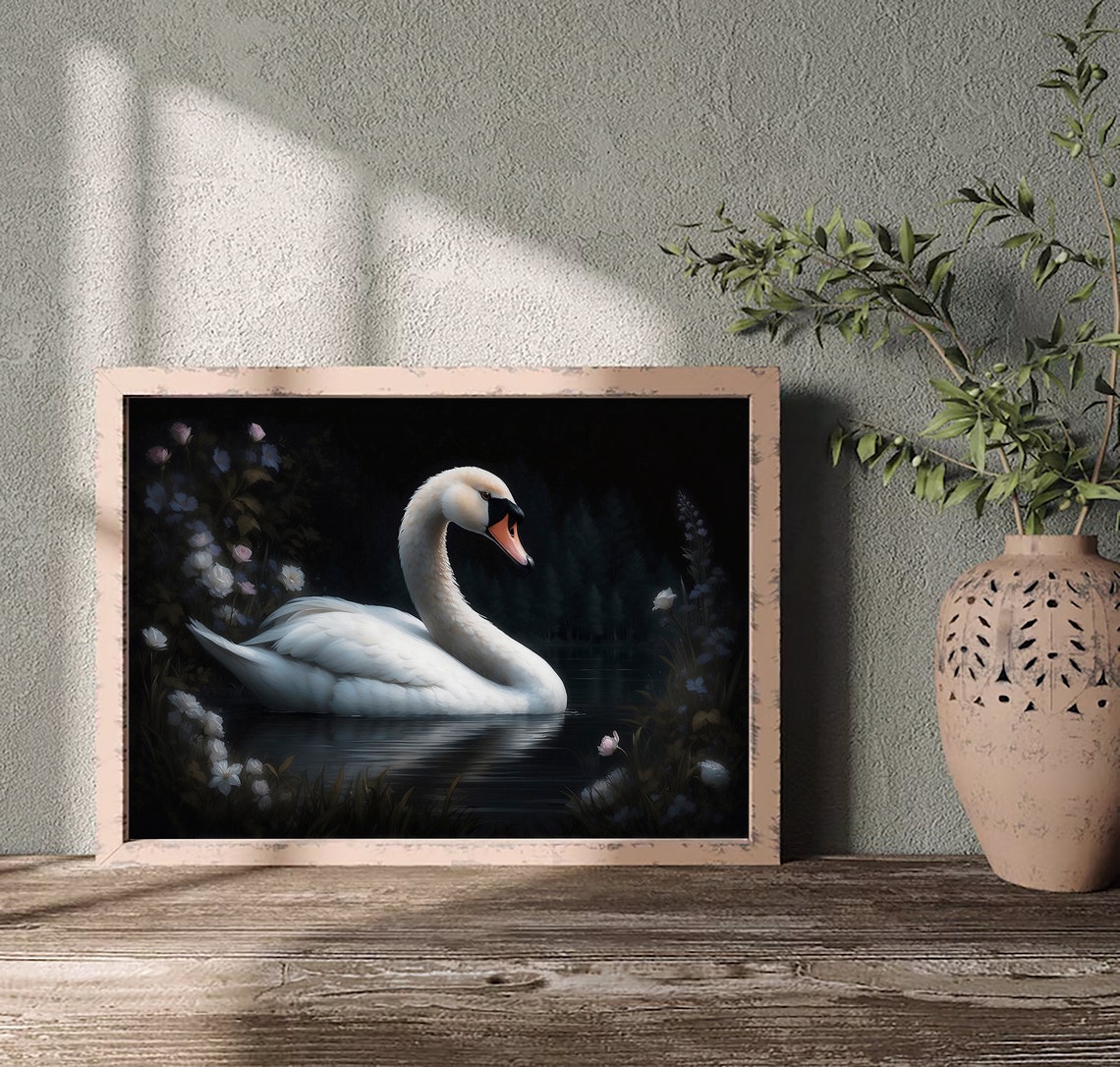 Swan Painting Antique Oil Painting Cottagecore Print Wild Life Wall Art Nature Room Decor Moody Animal Farmhouse Room Art - Image 2
