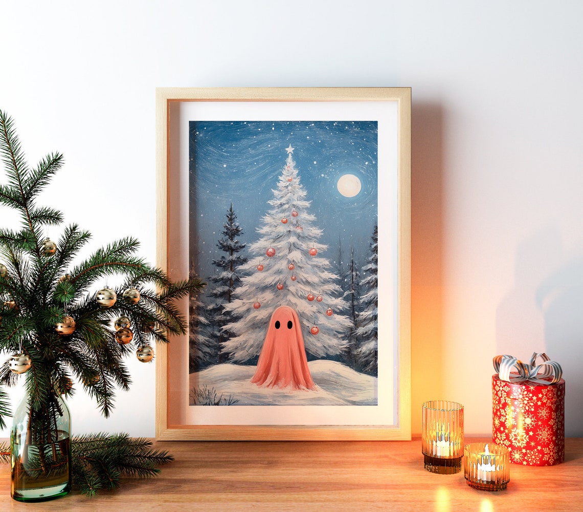 Pink Ghost Before White Christmas Tree with Red Ornaments Print - Image 4
