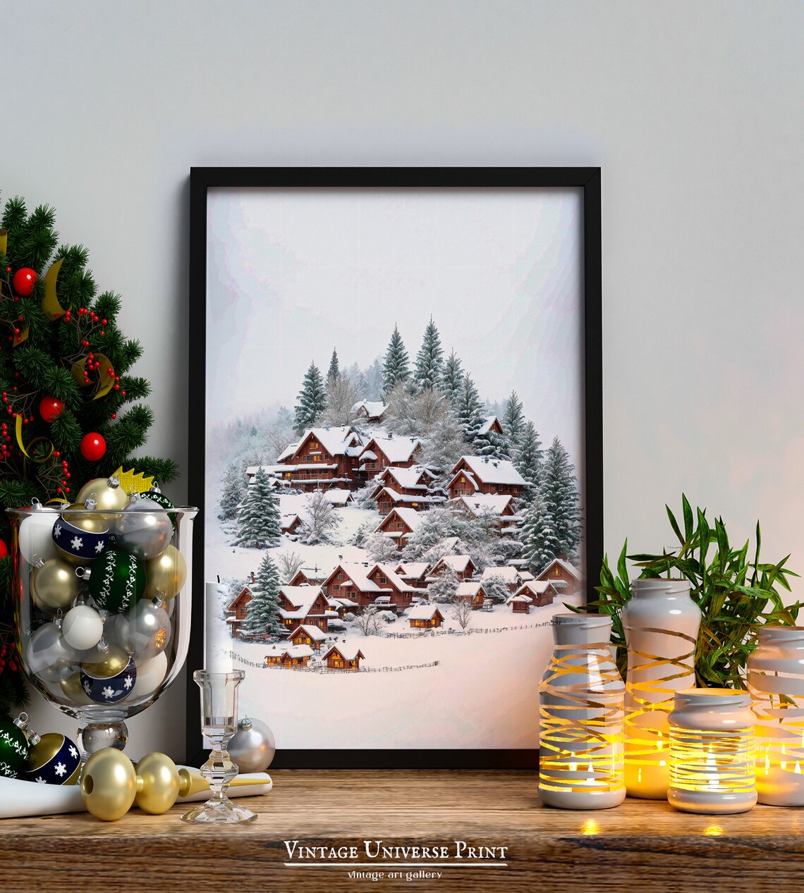 Snowy Hillside Village Wooden Cabins Winter Landscape Poster - Image 2