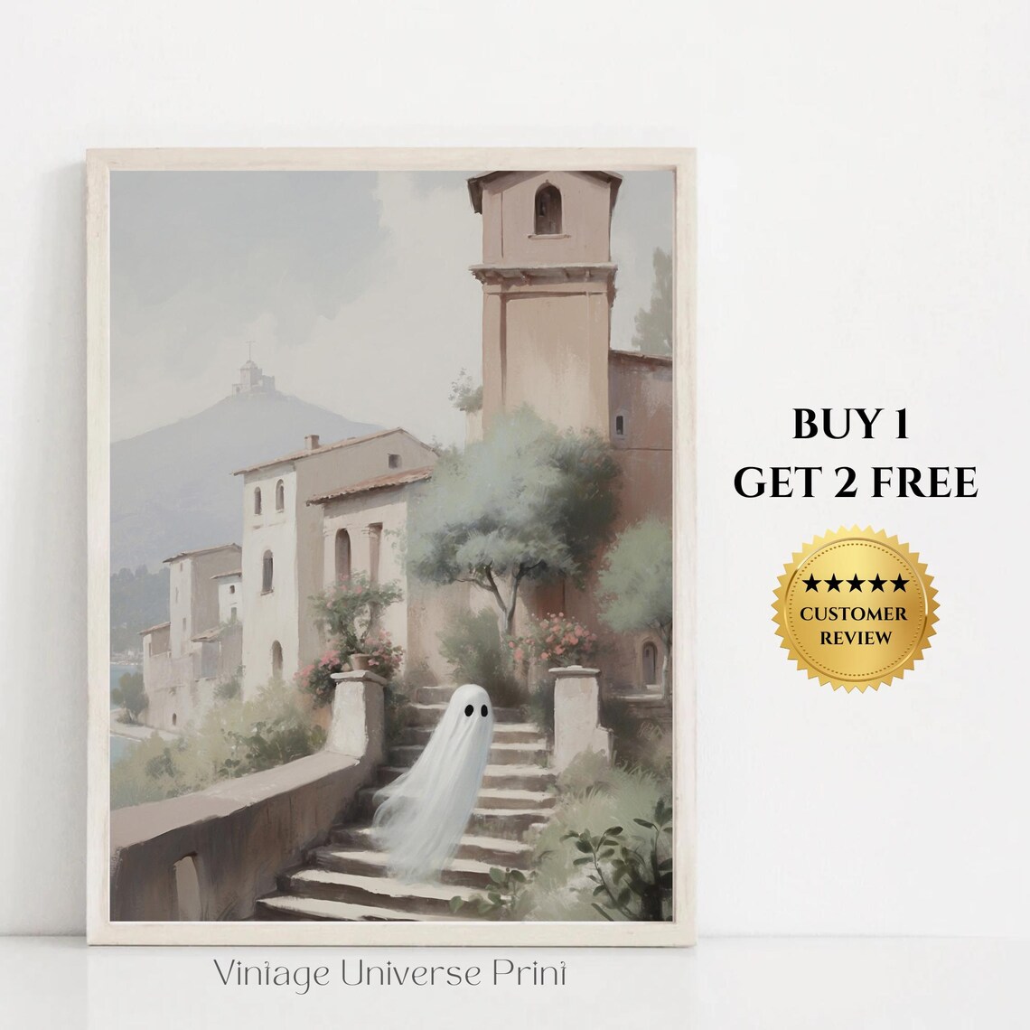 Ghost On Villa Stairs Italian Countryside Vintage Halloween Poster