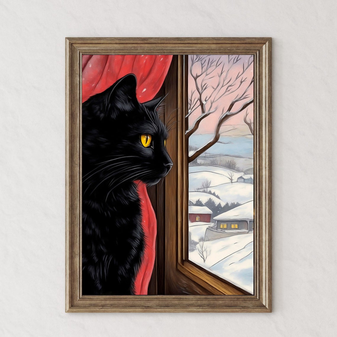 Black Cat Golden Eyes Snowy Village Window Winter Cat Art Poster - Image 5