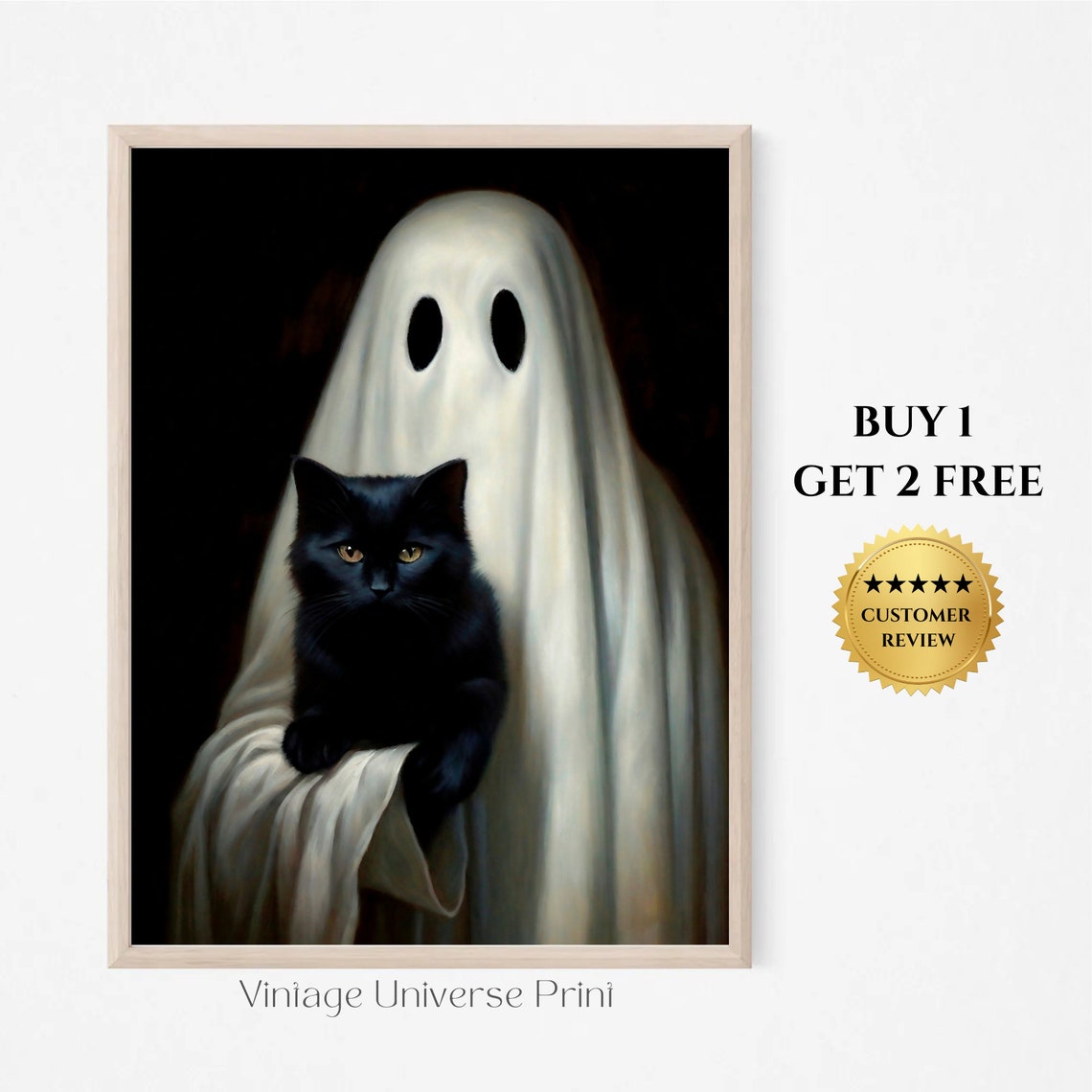 Ghost Holding A Black Cat Portrait Dark Romantic Halloween Print
