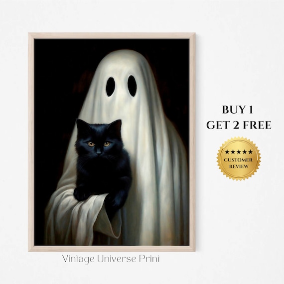 Ghost Holding A Black Cat Portrait Dark Romantic Halloween Print