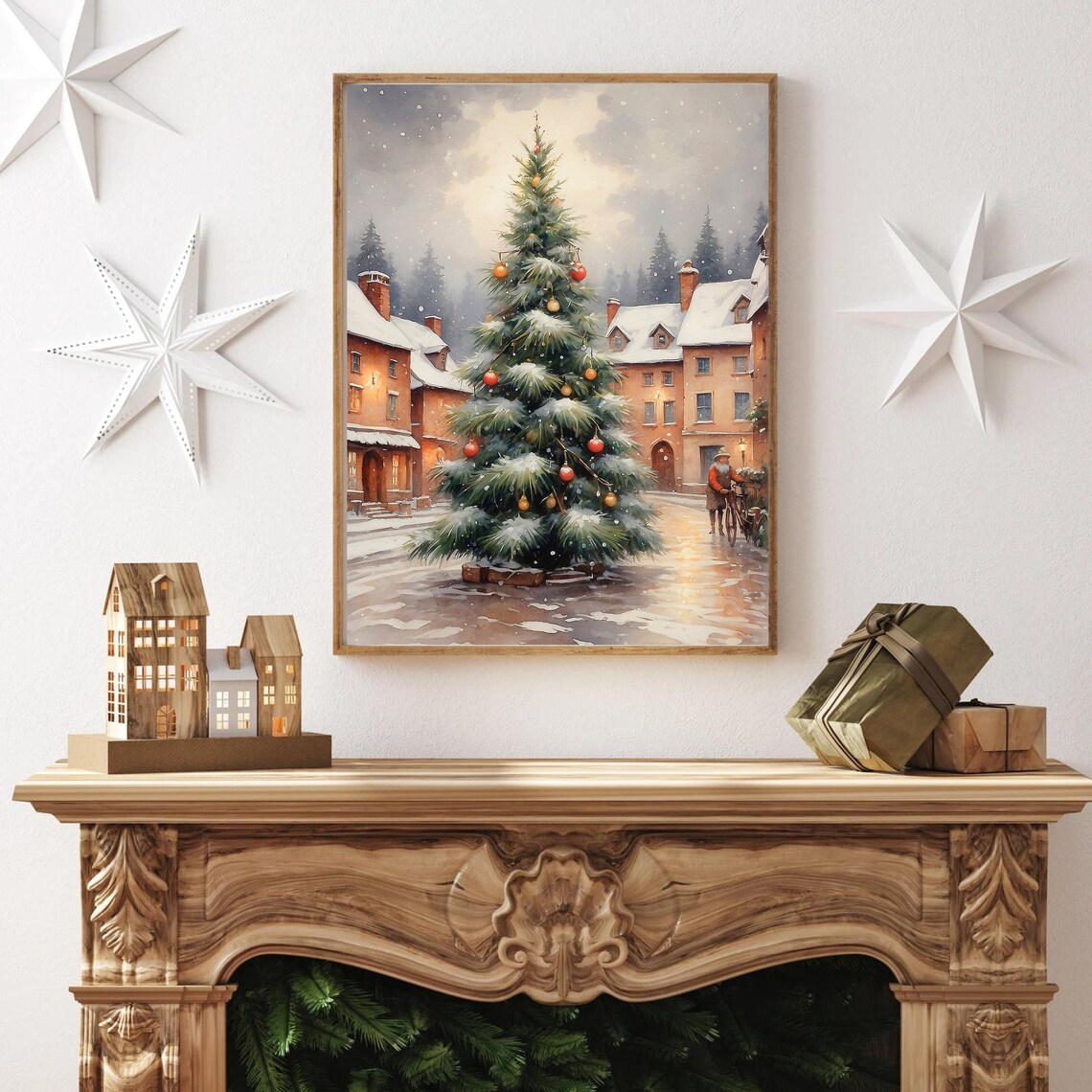 Christmas Tree in Snowy Town Square Vintage Holiday Painting Poster - Image 2