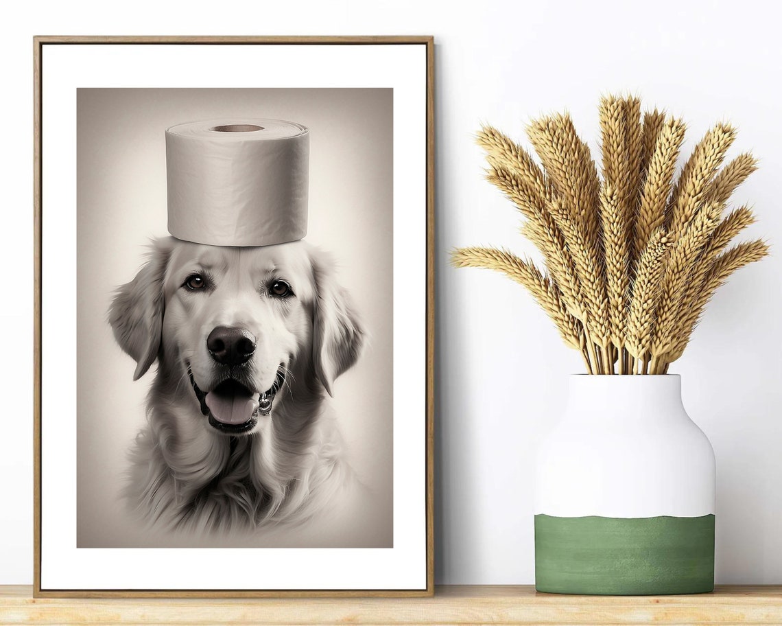 Golden Retriever With Toilet Paper Roll On Head Funny Bathroom Poster - Image 3