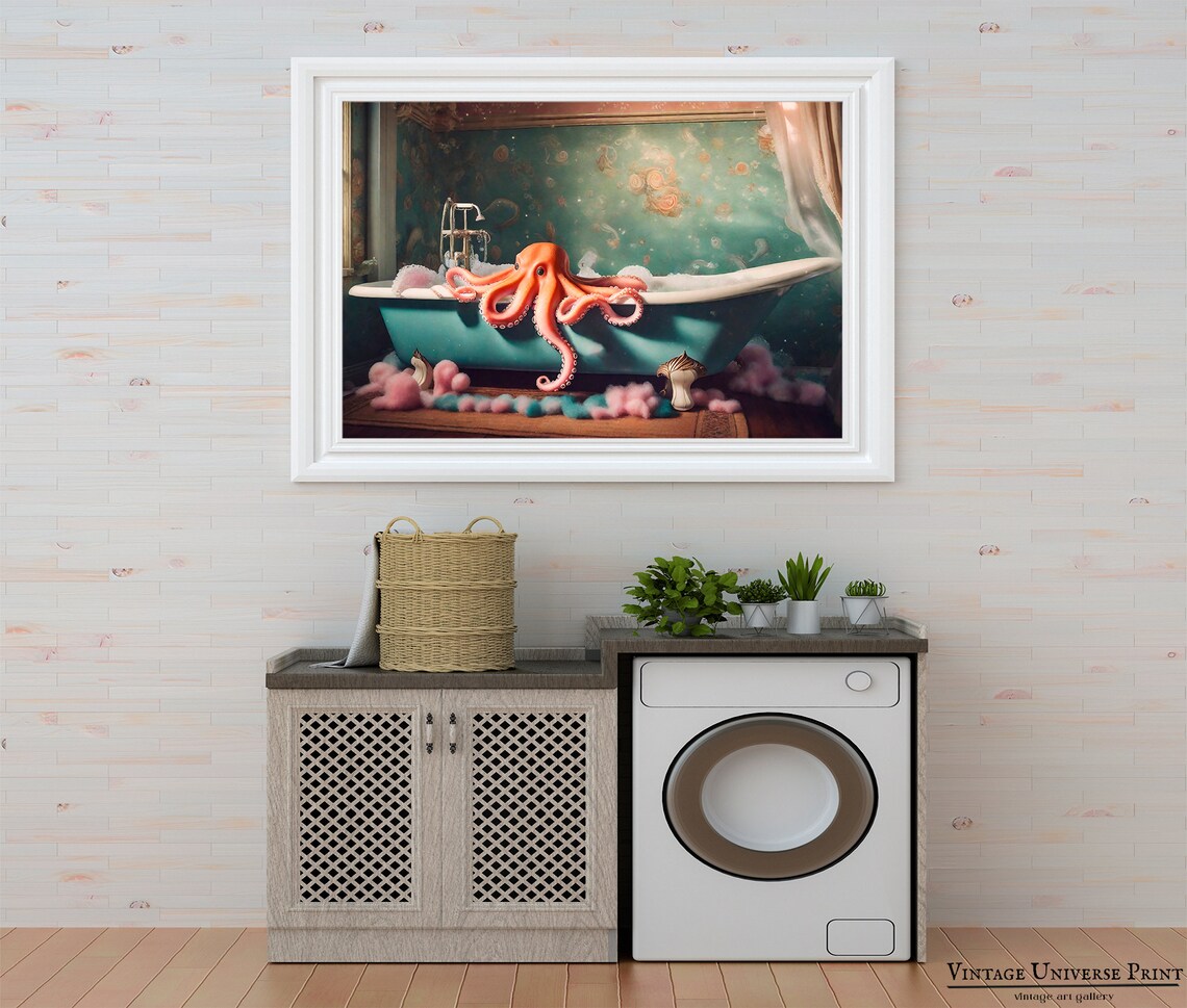 Octopus In Bathtub Print Octopus Wall Art Bathroom Wall Art Print Octopus Poster Bathroom Decor Bath Art Print Instant - Image 2