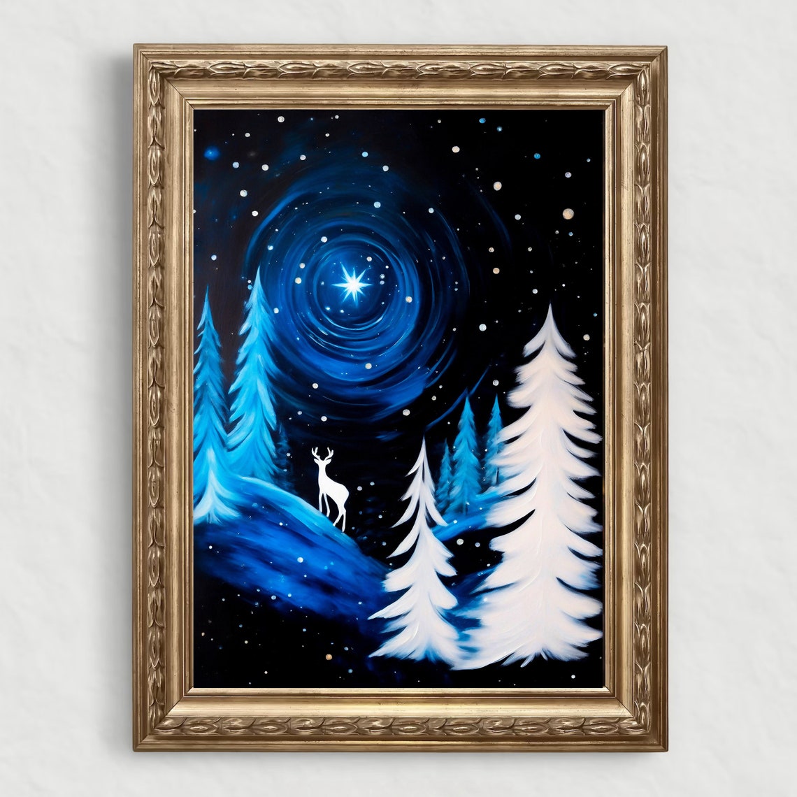Starry Night Snowy Pines White Deer Glowing Star Winter Poster - Image 5