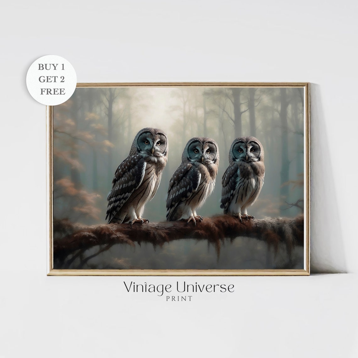 Three Owls on a Branch in a Misty Forest Vintage Bird Art Print
