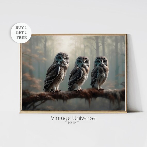 Three Owls on a Branch in a Misty Forest Vintage Bird Art Print