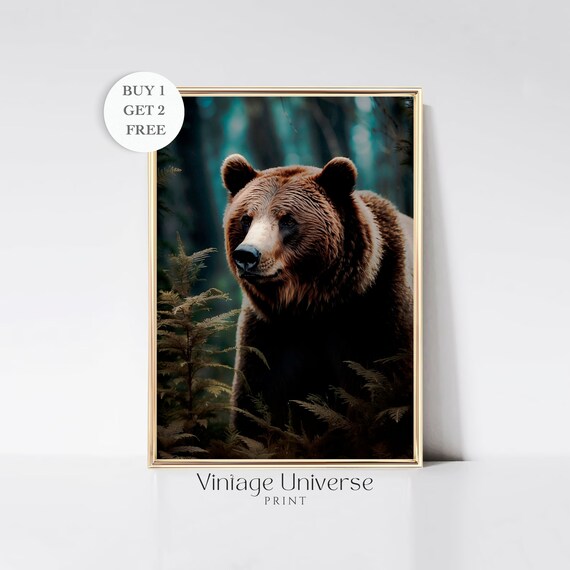 Brown Bear Portrait in a Fern-Filled Misty Forest Wildlife Wall Art