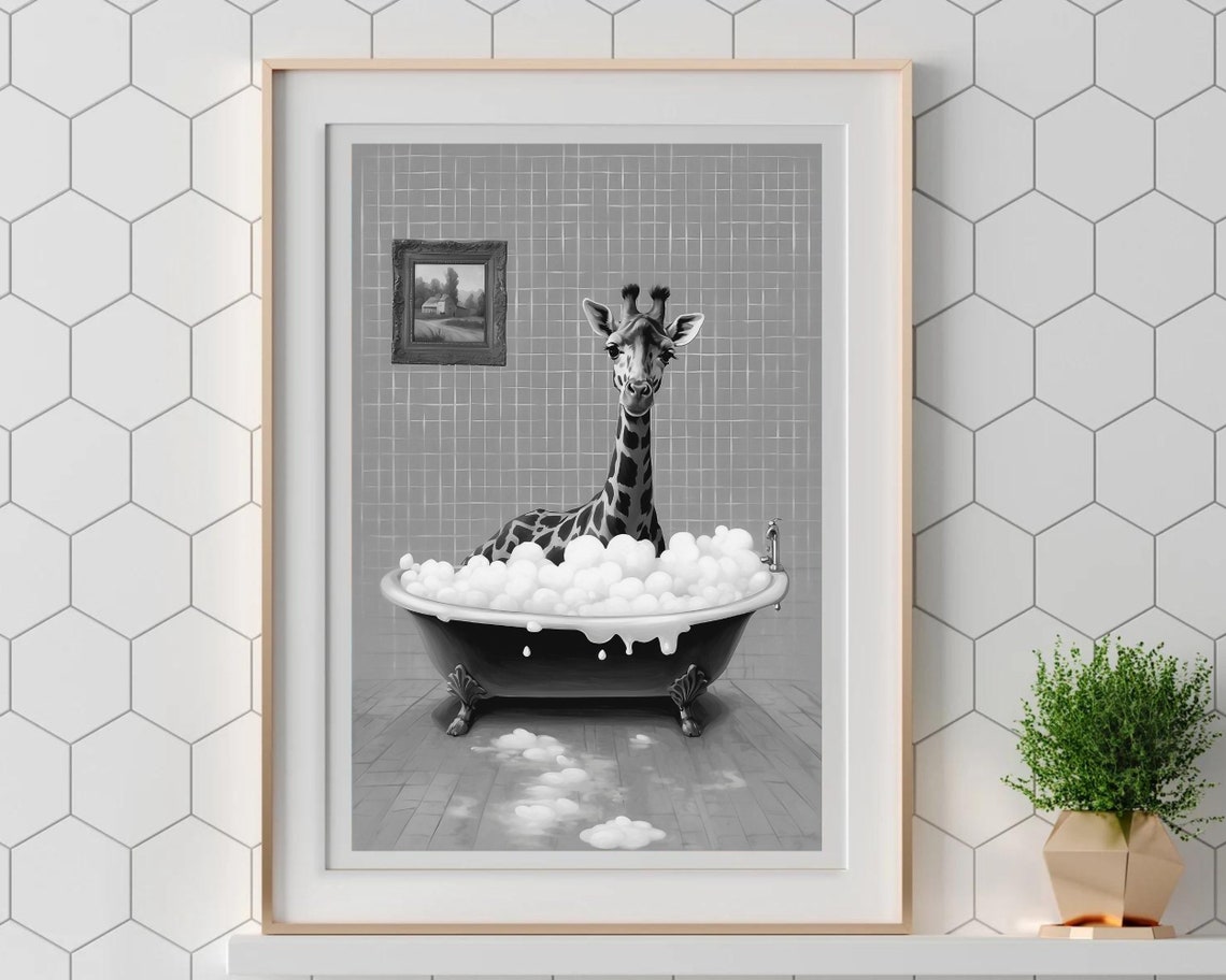 Giraffe Soaking In A Bubble Bath Black And White Funny Poster - Image 5
