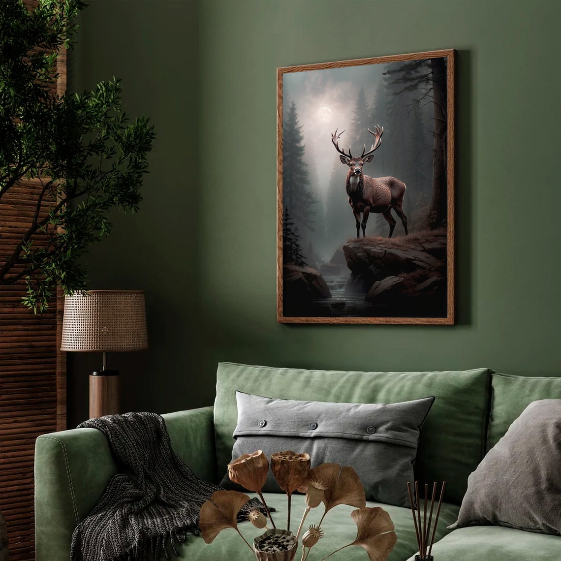 Majestic Stag on a Cliff in a Misty Moonlit Pine Forest Wall Art - Image 3