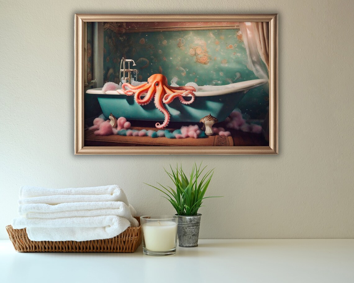 Octopus In Bathtub Print Octopus Wall Art Bathroom Wall Art Print Octopus Poster Bathroom Decor Bath Art Print Instant - Image 3