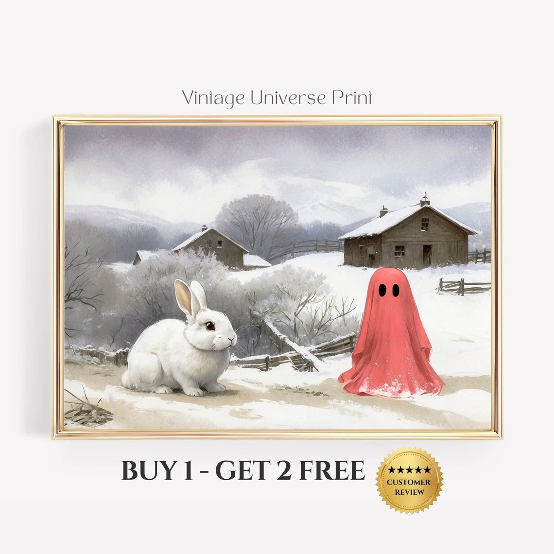 Pink Ghost with White Rabbit in Snowy Farm Landscape Scene Print