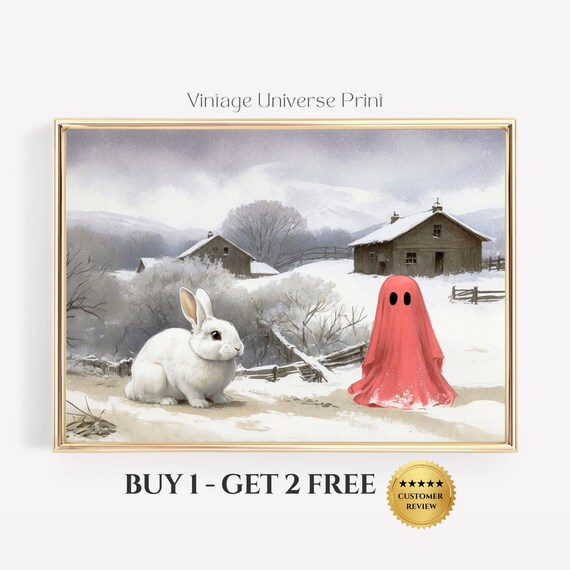 Ghost And Rabbit Winter Vintage Landscape Painting Rustic Landscape Print Snowy Landscape Painting Moody Country Scenery 11